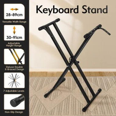 Keyboard Piano Stand Music Stage Folding Adjustable Double Braced X Style Steel Holder Locking Straps Quick Release System Black for Digital Keyboards