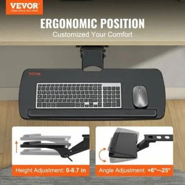 Keyboard Tray under Desk Adjustable Height, Height and Angle Adjustable under Desk Keyboard Tray Slide out, Large 25x9.8 inch Keyboard Holder under Desk for Typing in Home, Office Work