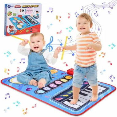 Kid Musical Mat,Keyboard & Drum Mat with 2 Drum Sticks, Learning Piano Mat Educational Music Toys Gifts for 3+ Girls Boys Color Blue