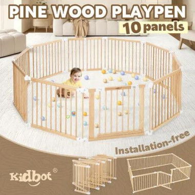 Kidbot Baby Playpen 10 Panel Wooden Safety Gate Kids Pet Dog Activity Centre Fence Play Yard Pen Travel Foldable Guard