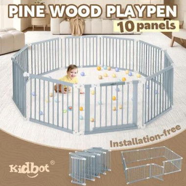 Kidbot Baby Playpen 10 Panel Wooden Safety Gate Kids Pet Dog Activity Centre Fence Play Yard Pen Travel Foldable Toddler Guard Barrier Safe Enclosure
