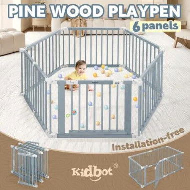 Kidbot Baby Playpen 6 Panel Kids Wooden Safety Gates Pet Dog Fence Enclosure Child Toddler Activity Centre Foldable Play Pen Yard Barrier Travel Guard