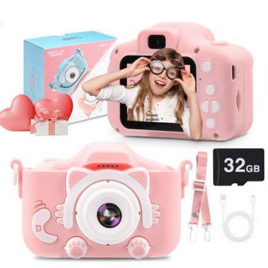 Kids Camera 1080P HD Digital Video Cameras With 32GB SD Card Mini Rechargeable Toddler Toys Camera For 3-12 Year Girls Best Gifts For Kids (Pink)