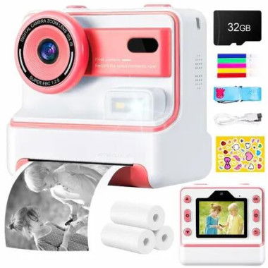 Kids Camera Instant Print 1080P HD 2.4''Screen Selfie Digital Camera with 32G Card,Print Paper,Christmas Gift for Boys & Girls Ages 3-12(Pink)