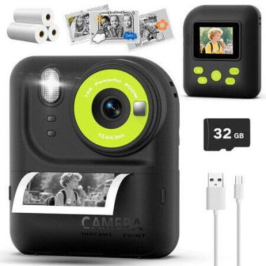 Kids Camera Instant Print Photo with 32GB, Portable Printing Camera Toy with HD Digital Video for Boys Girls Creativity & Learning (Black)