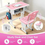 Detailed information about the product Kids Desk and Chair Set Ergonomic Height Adjustable School Students Study Table Seat Childrens Writing Stationery Bag Open Storage Drawer Side Hook