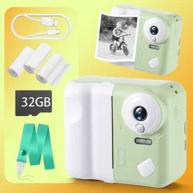 Kids Digital Camera Instant Portable Childrens Toys 1080P HD Video Selfie Photo Print 10X Zoom 32G SD Card Outdoor Play Travel Christmas Birthday Gift