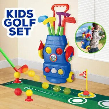 Kids Golf Club Set Cart Children Role Play Game Practice Putting Mat Sport Educational Toy Bag Strap Outdoor Playset