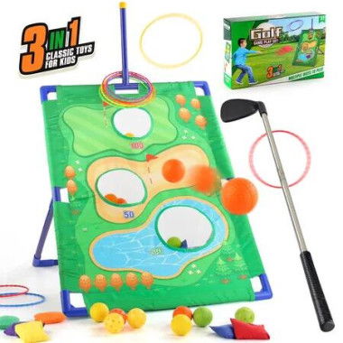 Kids Golf Game Set Throwing Golfing Activity Clubs Balls Ferrules Sandbags Indoor Outdoor Play Educational Entertainment Birthday Gift