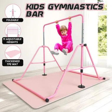 Kids Gymnastics Bar Training Climbing Frame Playground Home Gym Workout Horizontal Sports Monkey Kip Height Adjustable Folding Expandable Pink TPE Mat