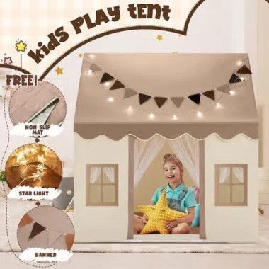 Kids Play Tent Playhouse Childrens Playroom Princess Castle Indoor Outdoor House Activity Centre Toy Gift with Mat Star Lights Banner Door Windows