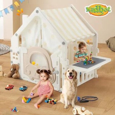 Kids Playhouse Cubby House Pretend Play Gym Cottage Cabin Childrens Activity Centre Toy Building Block Table Storage Box