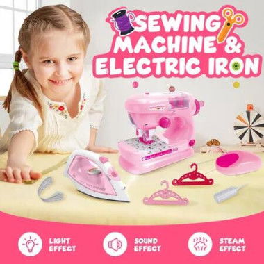 Kids Sewing Machine Electric Iron Toy Set Childrens Pretend Role Play House Game Sensory Stitch Home Clothes Steamer with Light Sound Spray Effect