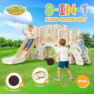 Detailed information about the product Kids Slide Set 8in1 Ladder Steps Indoor Playground Basketball Hoop Activity Centre Gym Climber Telescope Ring Toss Game Tunnel Outdoor Toys Playset