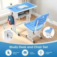 Detailed information about the product Kids Study Desk and Chair Set Height Adjustable Ergonomic Table Childrens School Student Writing Classroom Computer Seat Open Storage Drawer Side Hook