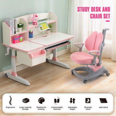 Kids Study Desk And Chair Set Pink Ergonomic Children Height Adjustable Storage Shelf Drawer