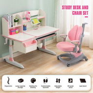 Detailed information about the product Kids Study Desk And Chair Set Pink Ergonomic Children Height Adjustable Storage Shelf Drawer