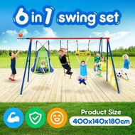 Detailed information about the product Kids Swing Set Seesaw Basketball Hoop Football Soccer Goal Tent Ladder Trapeze Bar Climbing Saucer 6in1 Child Outdoor Playground Activity Centre