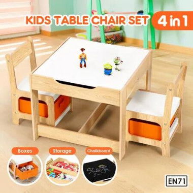 Kids Table and Chairs Set Chalkboard Multifunctional Study Activity Play Drawing Learning Toys Storage Desk Box Bin Toddler Children Furniture Kidbot