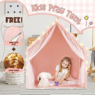 Kids Tent Play House Pink Princess Castle Playhouse with Star Lights Mat for Childrens Room Toys Cottage Indoor Outdoor Games Boys Girls Gift