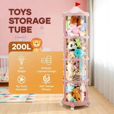 Kids Toys Storage Tube Box Stuffed Animal Zoo Plush Soft Doll Organiser Playroom Display Cabinet Holder Container Vertical Stand Wheels 178x38cm Pink