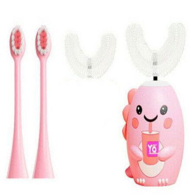 Kids U-Shaped Electric Toothbrush With 4 Brush Heads With 5 Modes Cartoon Dinosaur 360-Degree Cleaning IPX7 Waterproof Design (6-12 Age Pink)