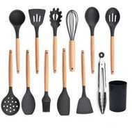 Detailed information about the product Kitchen Cooking Utensils Set 13 Pcs Non-stick Silicone Cooking Kitchen Utensils Spatula Set With Holder Wooden Handle Silicone Kitchen Gadgets Utensil Set (Black Gray)