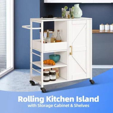 Kitchen Island Trolley Portable Rolling Utility Cart on Wheels Mobile Storage Cabinet Shelf Organizer Food Preparation Table Towel Rack