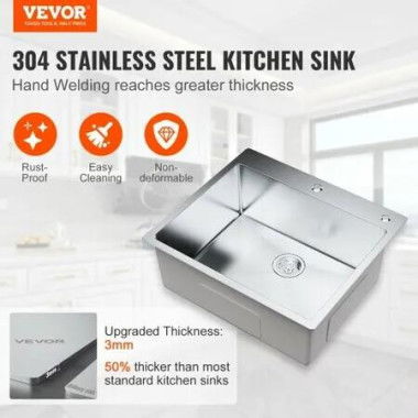 Kitchen Sink 304 Stainless Steel Drop-In Sinks Top Mount Single Bowl Basin with Accessories(Pack of 2) Household Dishwasher Sinks for Workstation