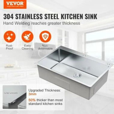 Kitchen Sink 304 Stainless Steel Drop-In Sinks Top Mount Single Bowl Basin with Accessories(Pack of 3) Household Dishwasher Sinks for Workstation RV