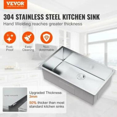 Kitchen Sink 304 Stainless Steel Drop-In Sinks Undermount Single Bowl Basin with Accessories(Pack of 3) Household Dishwasher Sinks for Workstation RV