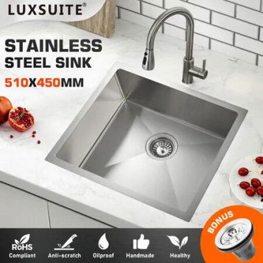 Kitchen Sink Stainless Steel Basin Laundry Drop In Undermount Flush Single Bowl Bar Workstation Handmade Rectangle 304 Waste Drainer Silver 51x45x21cm