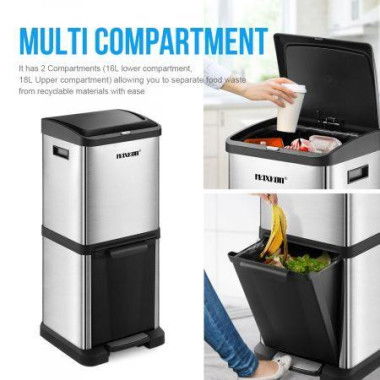 Kitchen Space Saving Vertical 34L Dual Compartment Pedal Waste Bin Garbage Can Easy To Clean