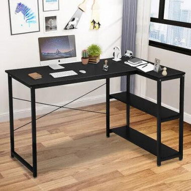 L Shape Computer Desk Black PC Gaming Writing Study Corner Table Home Office Workstation Reversible Storage Shelf 120cm