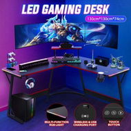 Detailed information about the product L Shaped Gaming Desk Computer Corner Office Table Gamers Racer Workstation RGB LED Black Carbon Fibre Wireless Charger USB