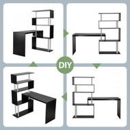 Detailed information about the product L-Shaped To Linear Shaped Rotating Computer Desk Office Corner Table With 4 Tiers Book Shelves - Black.