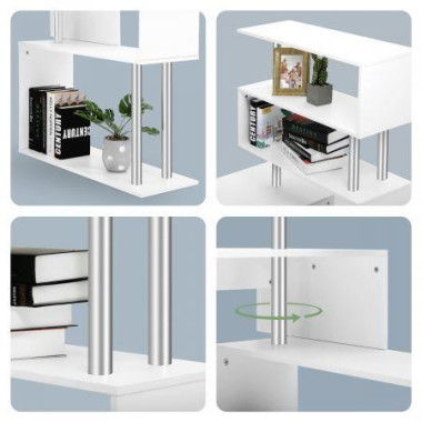 L-Shaped To Linear Shaped Rotating Computer Desk Office Corner Table With 4 Tiers Book Shelves - White.