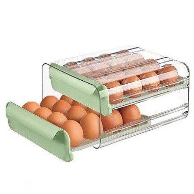 Large Capacity Egg Holder For Refrigerator Egg Storage Container Stackable Clear Plastic (Green-2 Layer)