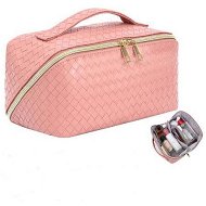 Detailed information about the product Large Capacity Travel Cosmetic Bag - Makeup Bag, Portable Leather Waterproof Women Organizer, with Handle and Divider Flat Lay Bags (Pink)