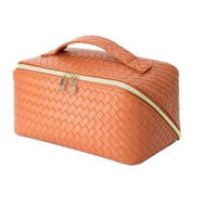 Detailed information about the product Large Capacity Travel Cosmetic Bag with Leather Finish, Waterproof Design, and Convenient Handle for Effortless Makeup and Beauty Storage on the Go (Orange)