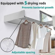 Detailed information about the product Laundry Drying Rack Collapsible Wall Mounted Clothes 31.5 Wide 13.1 Linear Ft 5 Aluminum Rods 45 lb Capacity with Wall Template Screwdriver Bit