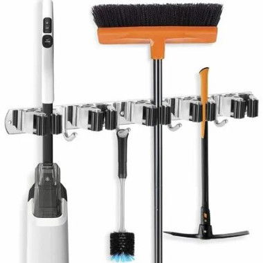 Laundry Organizer Wall Mount Mop Broom Holder 5 Racks 4 Hooks Stainless Steel Storage Tool Home Kitchen Garage Space Saver