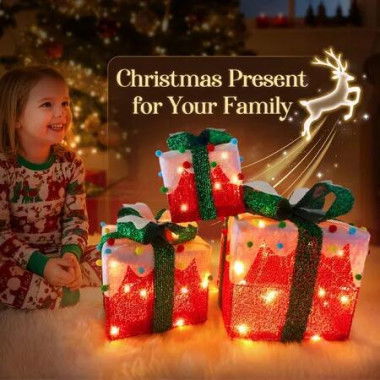 LED Christmas Lights Decorations Outside String Lighted Red Gift Boxes Presents Ornament Xmas Holiday Garden Party Display Battery Powered Lighting