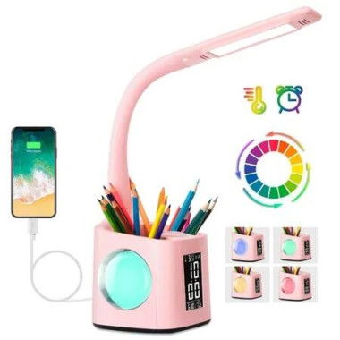 LED Desk Lamp with Clock, Color Changing Nightlight Pen Holder,Desk Light with USB Charger,Table Light for Home,Office,Bedroom-Pink