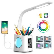 Detailed information about the product LED Desk Lamp with Clock, Color Changing Nightlight Pen Holder,Desk Light with USB Charger,Table Light for Home,Office,Bedroom-White