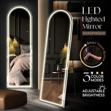 LED Full Length Mirror Vanity Arched Body Dressing Floor Free Standing Hanging Leaning Lighted Wall Lighted Bedroom Hallway 3 Light Colours 50x2x160cm