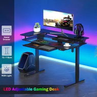 Detailed information about the product LED Gaming Standing Desk Sit Stand Up Table Electric Motorised Height Adjustable Carbon Fiber RGB Light Monitor Shelf Drawer