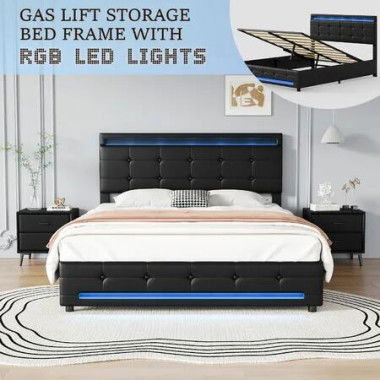 Led Gas Lift Bed Frame Double Wooden Mattress Base Platform Upholstered Headboard Storage Foundation Bedhead Black PU Leather Bedroom Furniture