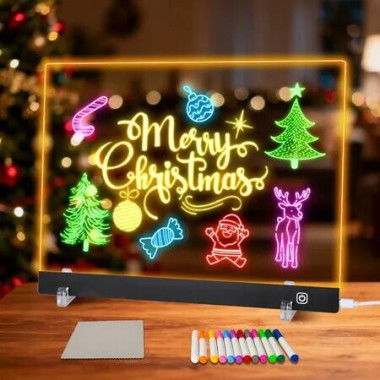LED Note Board with Colors,30 x 20 cm Led Drawing Board for Kids,Light Up Acrylic Dry Erase Boards with Stand,Christmas & Birthday Gifts,Black