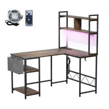 Levede L Shaped Gaming Desk with LED Lights Brown